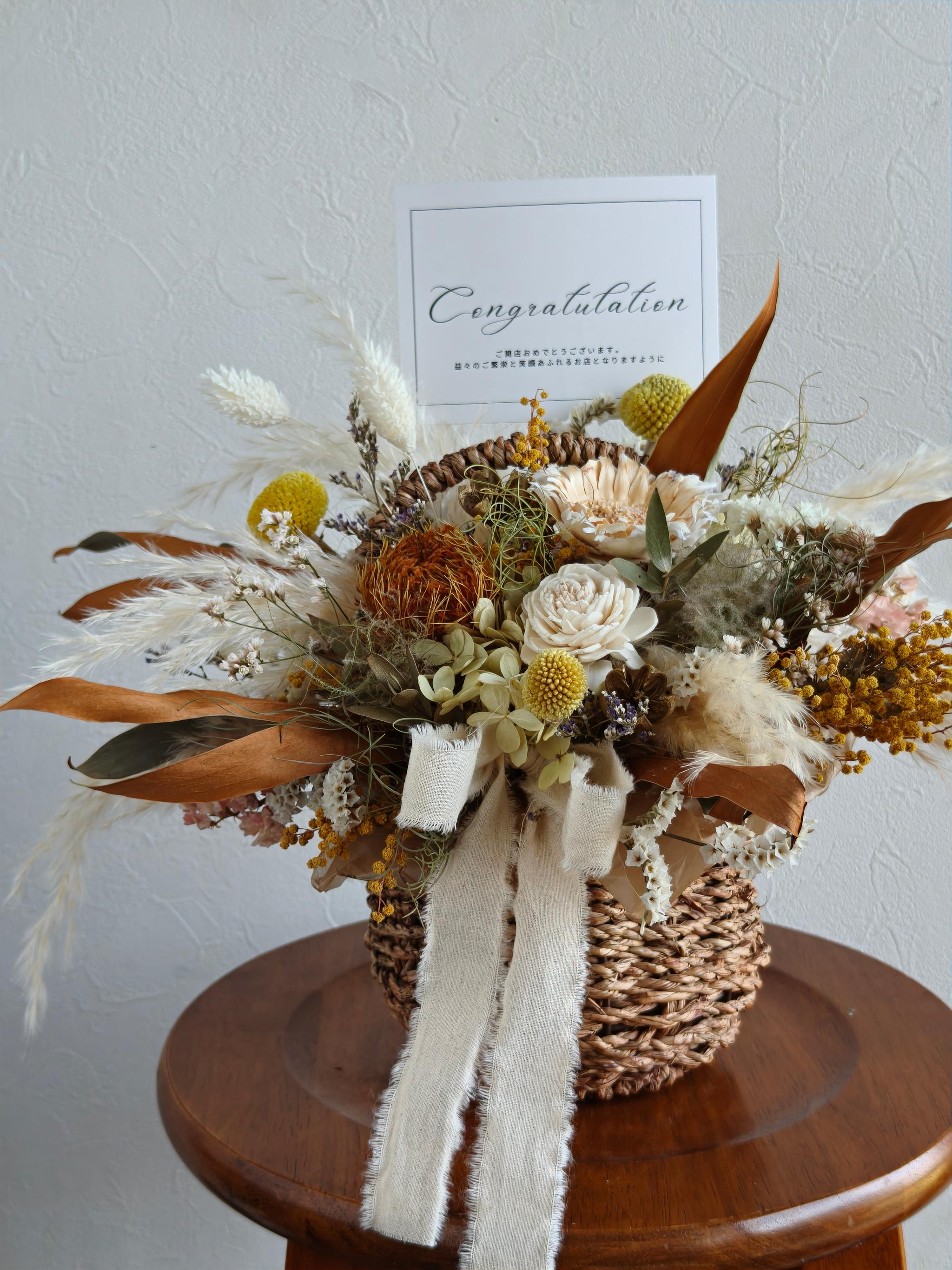 花籠のお祝い花 開店祝い 店舗インテリア 周年祝い ドライフラワー アレンジメント 結婚祝い ミモザ | 3枚目